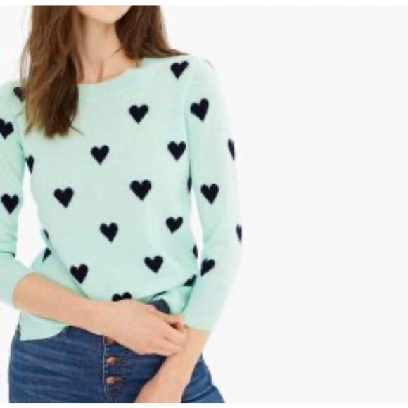 J.Crew Cashmere Heart Print Mint Green Navy Sweater XS Crewneck Soft Cozy - Picture 2 of 12